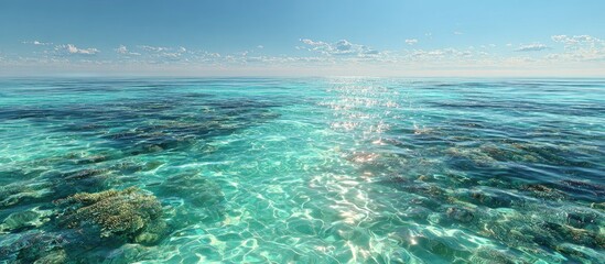 Shimmering turquoise ocean surface over shallow coral reefs under a bright blue sky