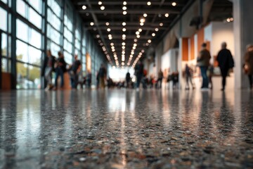 Blurred perspective of people walking through a modern, well-lit indoor space
