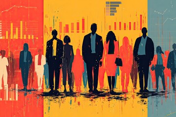 Diverse group in business attire against vibrant abstract data visualization backgrounds