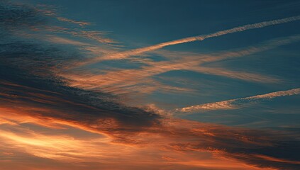 Fiery sunset clouds with intersecting contrails against a deep blue sky