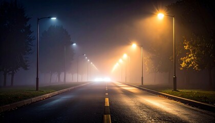 thick night fog illuminated by distant streetlights, soft glow and deep shadows