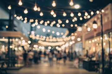 Illuminated walkway with people beneath soft glowing string lights at dusk