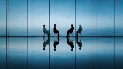 Silhouettes of four people in discussion around a table in a modern room