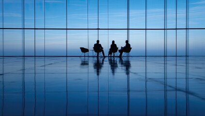 Silhouettes of three people in chairs in a modern, glass-walled room