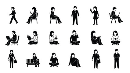 A set of black silhouette icons depicting various human activities with people sitting, standing, or engaging in actions on a plain white background.