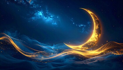 Celestial crescent moon glowing over abstract golden waves under a starry night sky