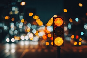 Glowing traffic signal at night with bokeh city lights blurred