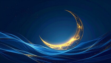 Golden Crescent Moon Shining Over Flowing Waves Under a Starry Night Sky