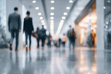 Blurred view of people walking down a brightly lit indoor corridor with reflections