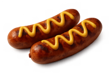 Grilled bratwurst sausages with yellow mustard swirl, food items with transparent background