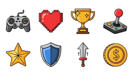 Set of video game icons, including controller, heart, trophy, joystick, star, shield, sword, and coin