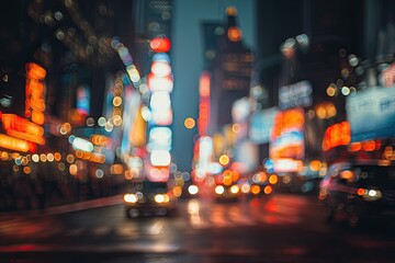 Blurry city lights and traffic at night with vibrant neon signs