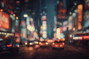 Blurry, glowing city lights at night with cars and buildings visible