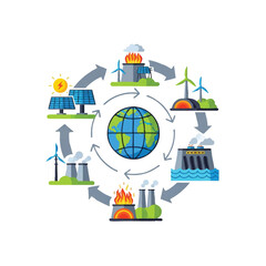 Naklejka premium Infographic illustration of Earth's energy cycle with renewable and non-renewable sources in a circular flow on a white background.