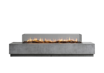 Modern linear fireplace with concrete base and natural log accent