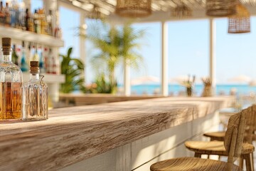 Sunny beach bar with bottles, stools, and ocean view
