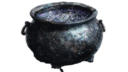 Ancient metallic cauldron with iridescent, sparkling contents