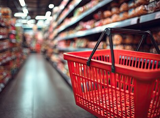 Red shopping basket in an aisle of a brightly lit supermarket with shelves full of goods