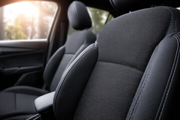 Close-up of dark cloth car seats with soft focus background sunlit outdoors