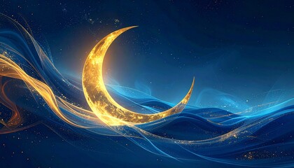 Golden crescent moon glowing against a deep blue wavy background with luminous golden swirls