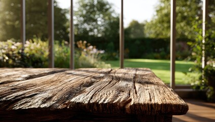 Weathered wood table in sunlit room overlooking lush garden