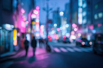 Blurred urban street scene at dusk with neon lights and silhouetted figures