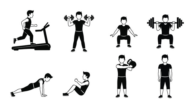 A set of black silhouette icons depicting various exercises at the gym with a white background.