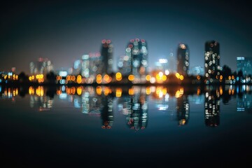 Blurry cityscape at night, illuminated buildings reflect on dark water
