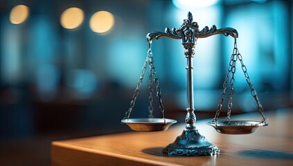 Ornate metal scales of justice on a wooden surface, blurred background