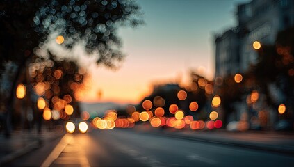 Soft focus urban street at sunset with glowing bokeh lights