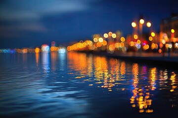 Softly blurred city lights reflect on rippling water at dusk
