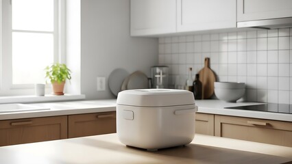 Fototapeta premium Modern Kitchen Counter with Electric Rice Cooker Appliance, Indoor Home Cooking Environment, Natural Light Viewpoint