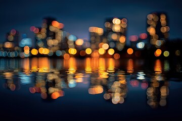 Blurry cityscape with warm lights reflected in dark water at night