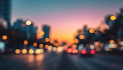 Soft focus sunset over a bokeh-lit cityscape street