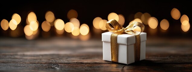 White gift box with golden ribbon and bow on wooden surface, festive lights bokeh