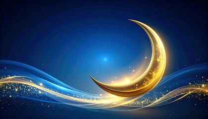 Golden crescent moon glowing against a deep blue night sky, surrounded by elegant light trails and sparkling particles, symbolizing spiritual beauty and festive celebration