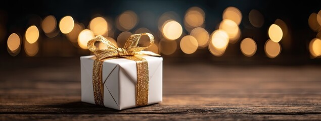 White gift box with golden ribbon on wooden surface, blurred lights background