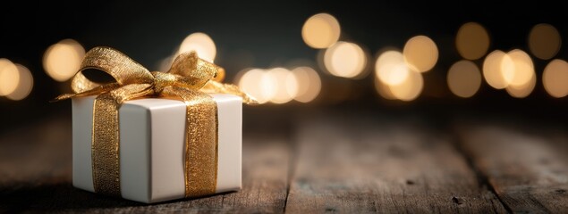 A single wrapped present with a gold ribbon sits on a wooden surface