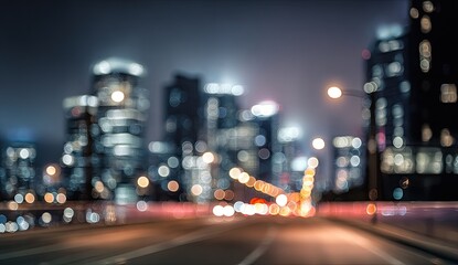 Blurry night city lights glow on wet road, a transportation artery