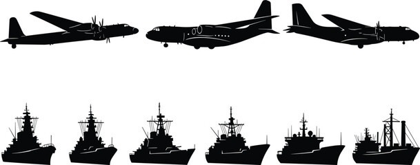 Military transport silhouette set, army cargo airplane and navy battleship vector, warship and aircraft collection, black vehicle illustration isolated on white. © Gita