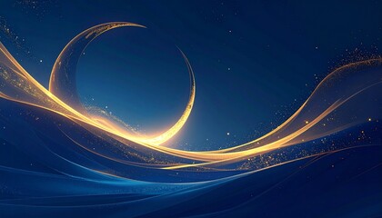 Enchanting Night Sky with Golden Crescent Moon and Flowing Luminous Waves, an Abstract Celestial Dreamscape of Serene Beauty