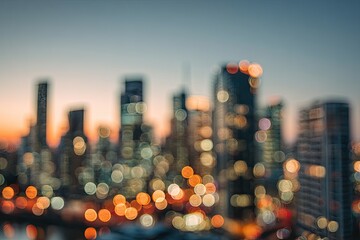 Blurred city skyline at dusk with glowing bokeh lights