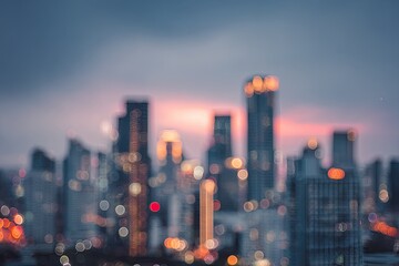 Blurry cityscape with glowing windows at twilight