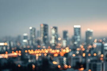Blurred city skyline with glowing lights at dusk