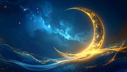 Enchanting Crescent Moon illuminating a Dreamy Cosmic Landscape with Ethereal Glow and Golden Ripples