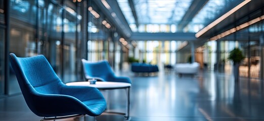 Two modern blue chairs and a table in a bright, contemporary office lobby