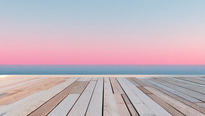 Wooden deck overlooking calm ocean at sunset with pastel sky