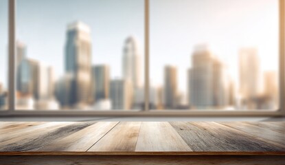 Wooden tabletop in focus, blurred city skyscrapers beyond large window