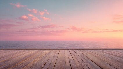 Serene wooden deck overlooks calm ocean under a soft, pastel sunrise sky