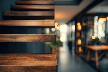 Warm wooden stairs ascend into a modern interior with blurred lighting and furniture